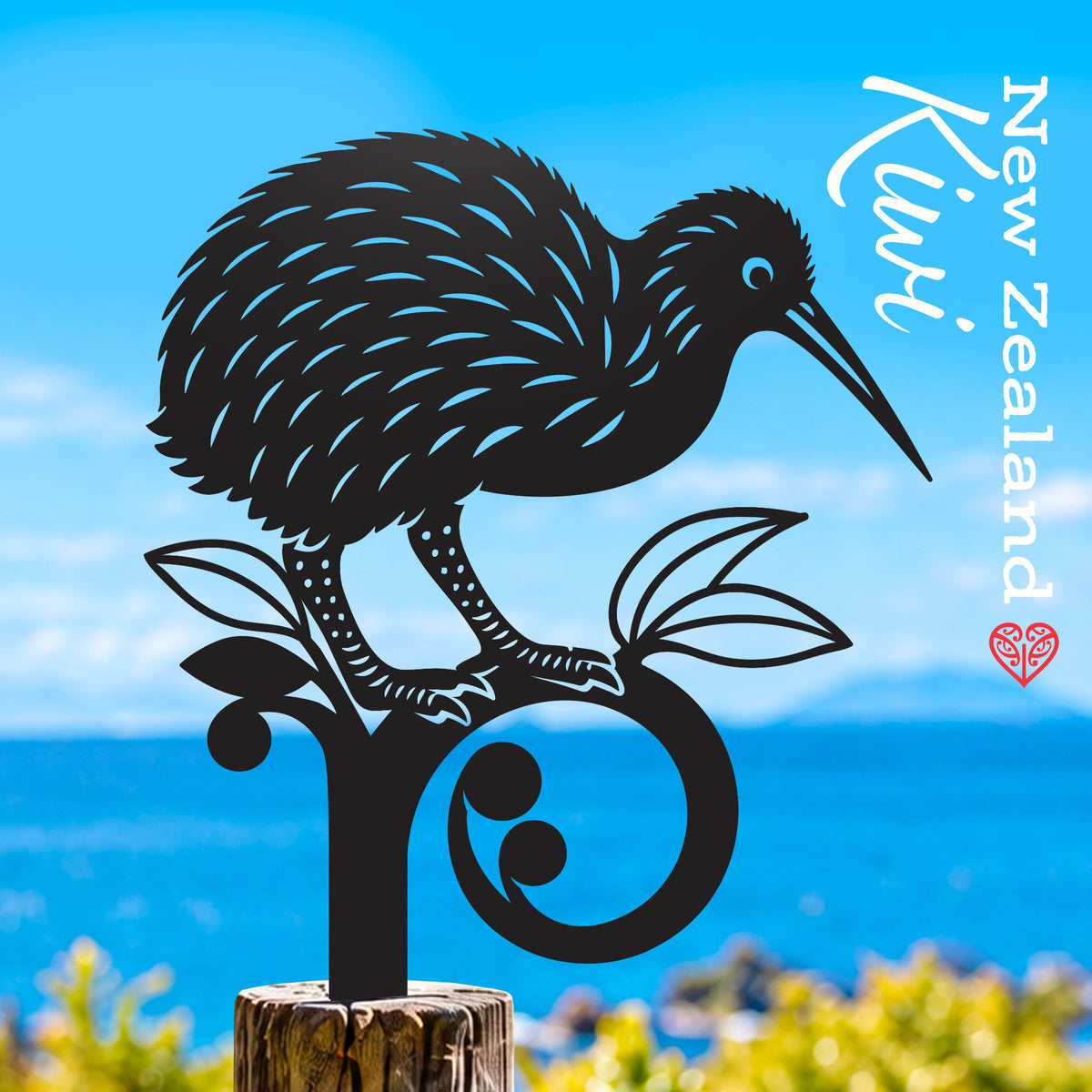 Kiwi small black metal native bird garden stake, NCSB05, lifestyle photograph