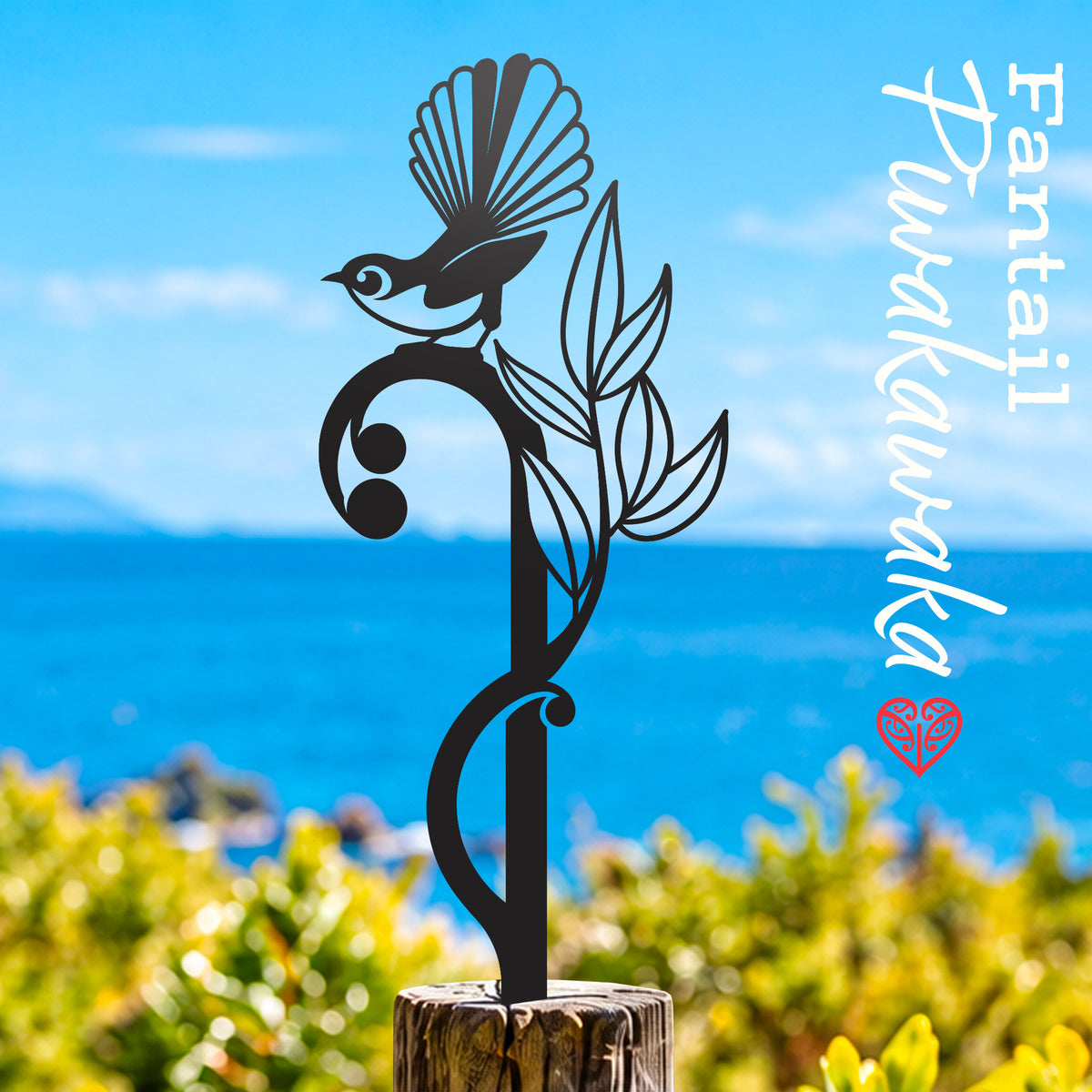 Fantail small black metal native bird garden stake, NCSB06, lifestyle photograph