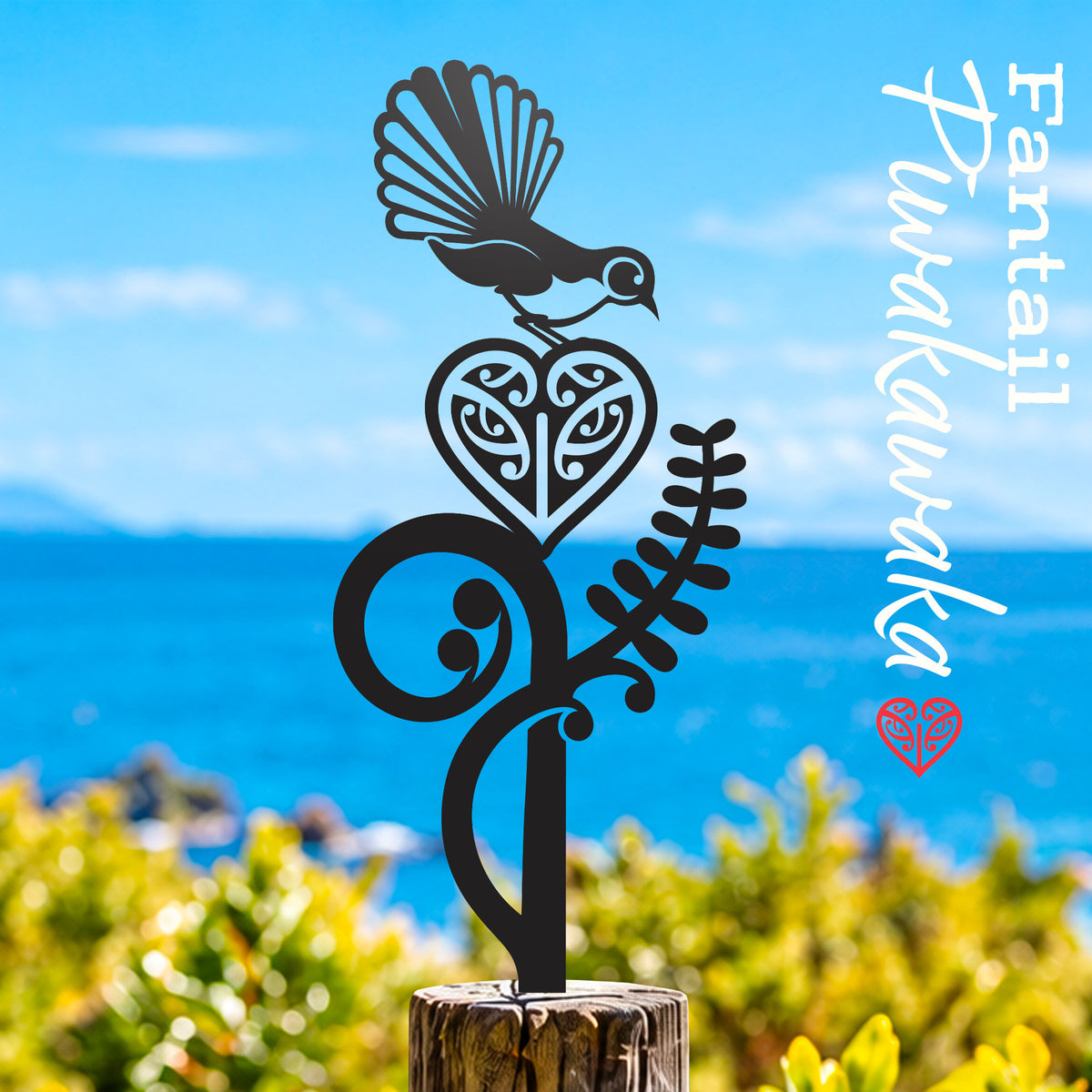 Fantail Heart small black metal native bird garden stake, NCSB07, lifestyle photograph