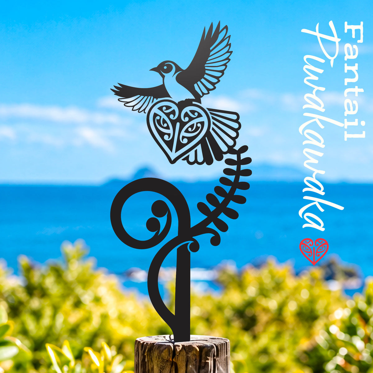 Fantail Flying small black metal native bird garden stake, NCSB08, lifestyle photograph