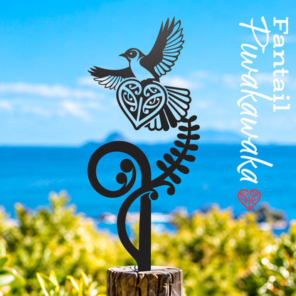 Fantail Flying small black metal native bird garden stake, NCSB08, lifestyle photograph