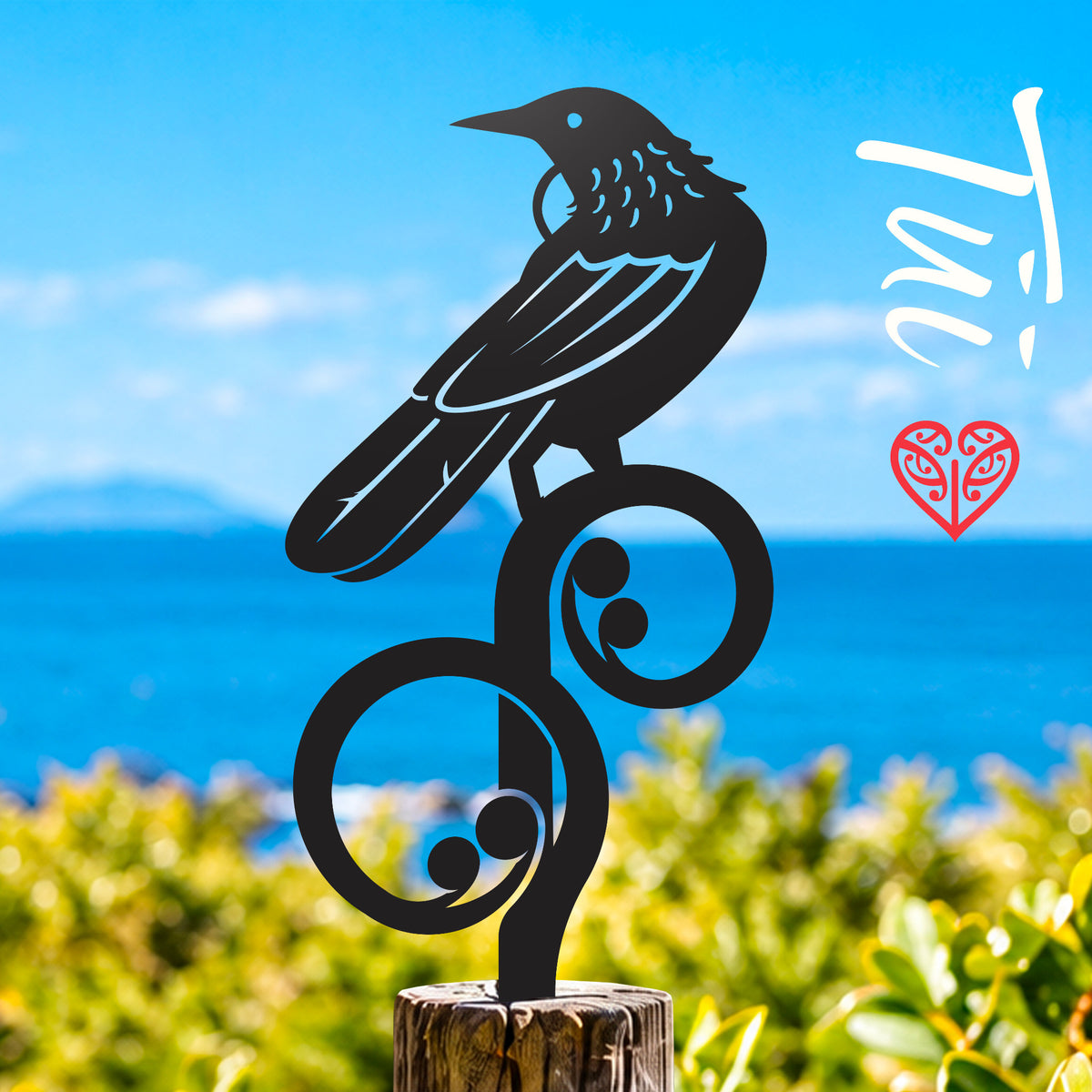 Tūī small black metal native bird garden stake, NCSB09, lifestyle photograph