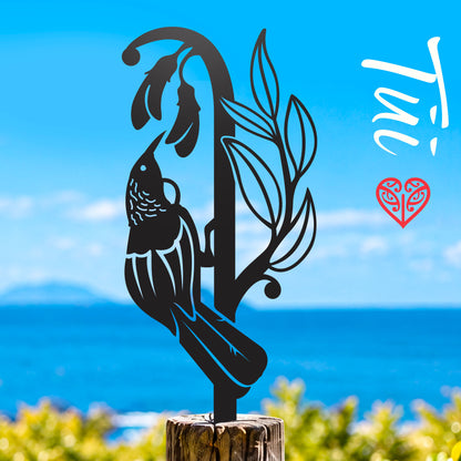 Tūī Kōwhai small black metal native bird garden stake, NCSB10, lifestyle photograph