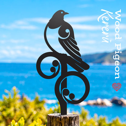 Kererū / Wood Pigeon small black metal native bird garden stake, NCSB12, lifestyle photograph