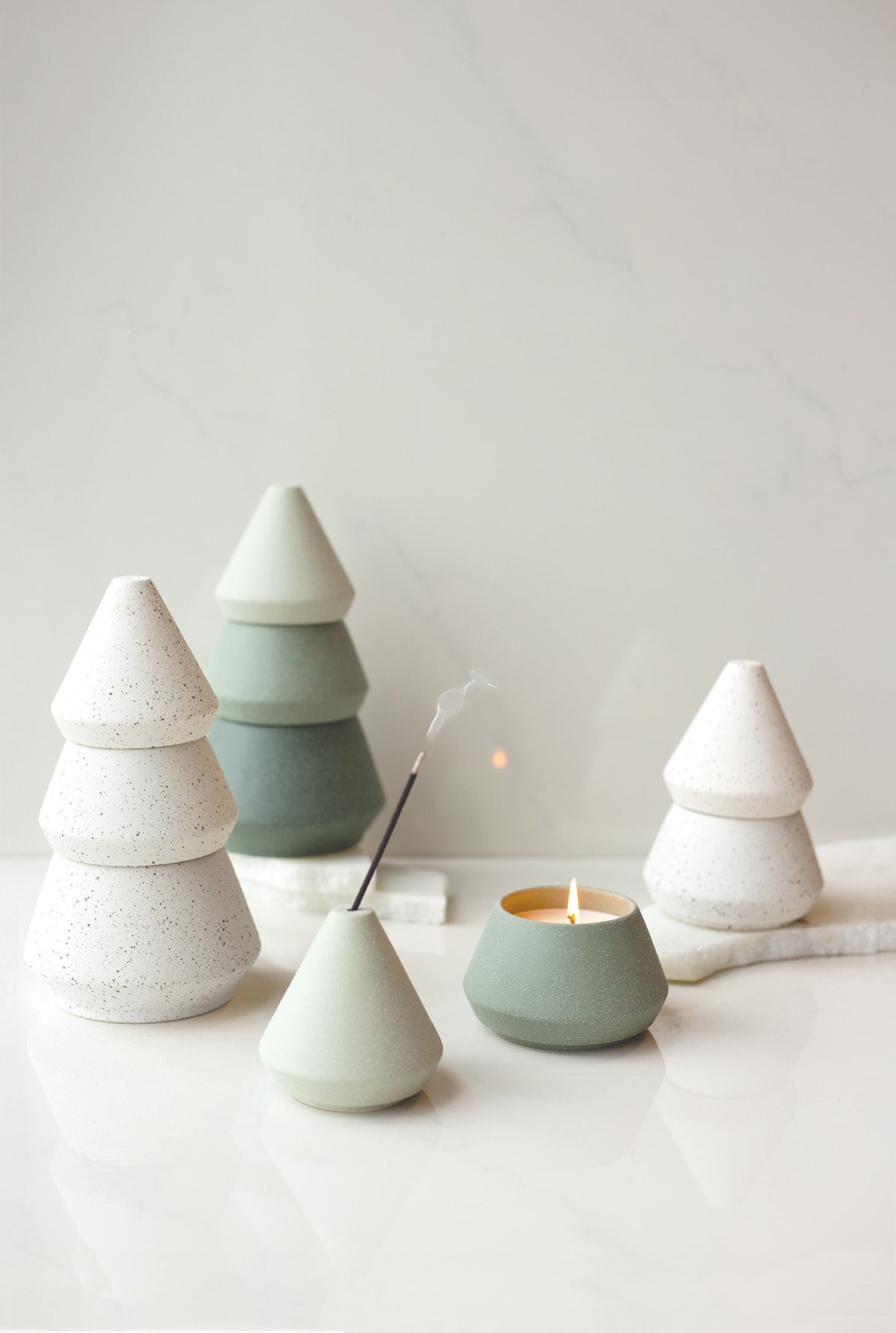 Cypress & Fir Ceramic Tree Stack White 297g & 155g Candles & Incense Holder