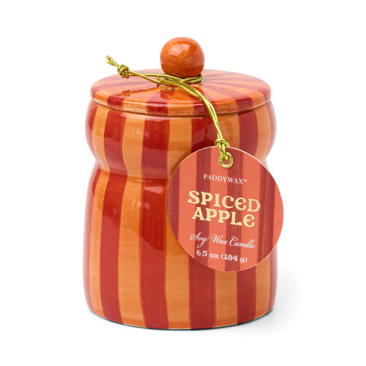Festive Cabana Red/Coral Striped Ceramic Candle - Spiced Apple 184g
