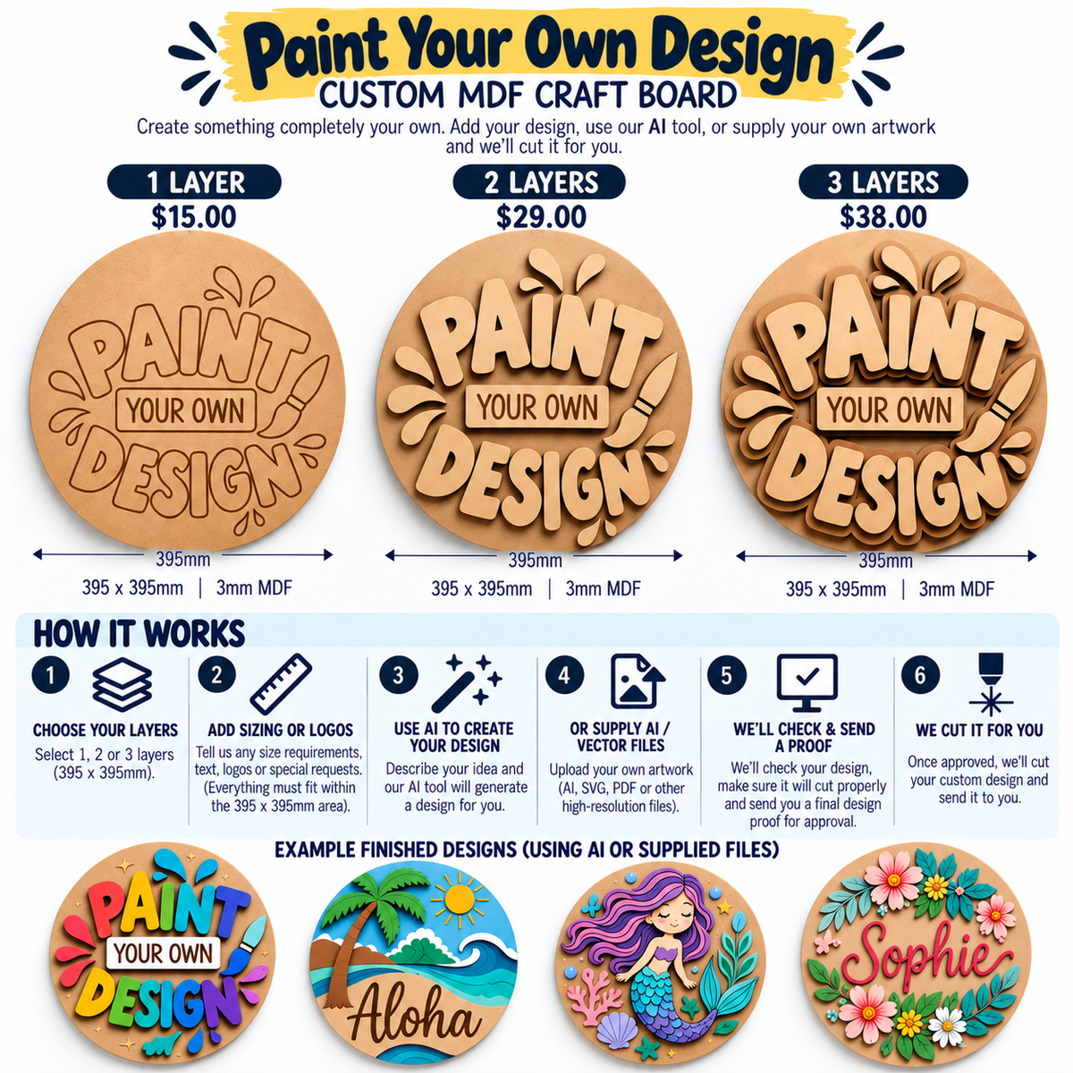 Paint Your Own Design custom layered MDF craft board - 1, 2 or 3 layers