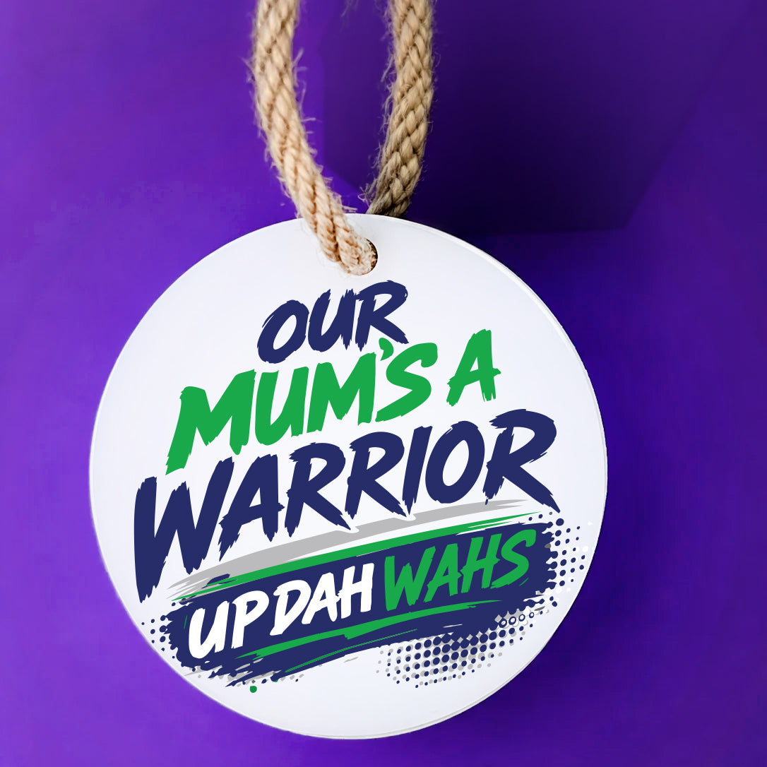 Our Mum's a Warrior UP DAH WAHS keepsake on a purple background