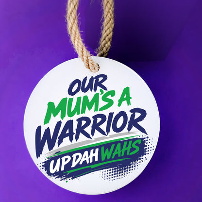 Our Mum's a Warrior UP DAH WAHS keepsake on a purple background